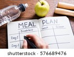 High Angle View Of A Person Hand Filling Meal Plan In Notebook At Wooden Desk