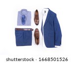 Men's fashion blue suits on hanging , clothing and accessories on white background, flat lay


