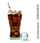 Cola in original glass with straw and ice cubes isolated on white background