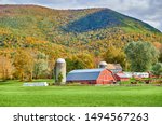 Farm With Red Barn And Silos At ...