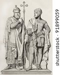 Mieszko I of Poland and Boleslaw I Chrobry, bronze group statue kept in Posen cathedral, old illustration. Created by Stal, published on Magasin Pittoresque, Paris, 1845