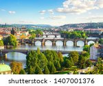 Row of bridges in Prague at summer day