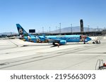 Small photo of LAS VEGAS-APRIL 17,2015: Alaska Airlines airplane in McCarran international airport on April 17,2015 in Las Vegas,USA. Airport was found in 1942,now has more than 1234 slot machines inside the airport