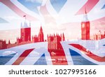 Double exposure of the United Kingdom flag and Big Ben.