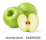 Isolated apples. Three green 'Granny Smith' fruits, one cut in half on white background