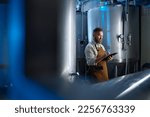 Handsome bearded man brewer inside modern beer factory around steel tanks