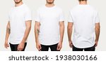 Small photo of Handsome young man wearing a white casual t-shirt. Side view, behind and front view of a mockup t-shirt for design print