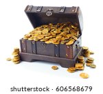 Open treasure chest filled with gold coins isolated on white