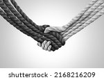 Small photo of Group Trust concept and connected symbol as different ropes tied and linked together shaped as a handshake or hand shake as a faith metaphor as a trusted partner for support and strength.
