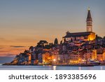 View to the beautiful old town of Rovinj in Croatia after sunset