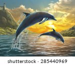 Two Dolphins Jumping Out Of Sea ...