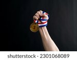 Human hand holding gold medal...