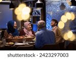 Small photo of A modern and traditional European Islamic family comes together for iftar in a contemporary restaurant during the Ramadan fasting period, embodying cultural harmony and familial unity amidst a