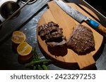 Close-up shot, a professional chef expertly prepares a delicious steak using modern cooking techniques, showcasing culinary excellence and precision in the art of gourmet cuisine