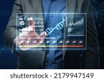 Science biology gene modifying concept. Close up of businessman hand pointing at holographic projection. Futuristic medicine research gene therapy health analysis laboratory chemistry illustration. 