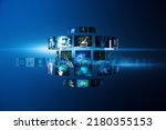 Creative digital picture gallery on blue background. Photo album and media technology concept
