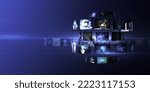 Small photo of Blogging and streaming concept with many digital life style screens on abstract blue background