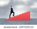 Small photo of Side view of young european businessman climbing blue stairs on dull sky background. Success, career development and growth concept