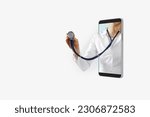 Small photo of Telemedicine, doctor online and health checkup concept with smartphone and person in medical gown with stethoscope isolated on blank background with place for advertising poster text or logo, mockup