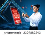 Small photo of Online casino and gaming, gambling on device concept. Happy european businesswoman and smartphone with creative slot machine and other games