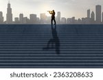 Small photo of Side view of businesswoman silhouette with telescope looking into the distance on stairs with shadow and city skyline in the background. Success, tomorrow, future and vision concept