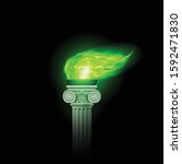 ancient column with green flame ... | Shutterstock .eps vector #1592471830