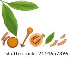 Small photo of Healthy turmeric spice ingredients with fresh roots, powder and leaves. Used in food seasoning and natural herbal medicine. Anti inflammatory, antioxidant and has many health benefits.