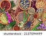 Small photo of Herbal plant medicine preparation with herbs and flowers for natural organic healing medication. Alternative plant based flower remedy health care concept. Top view on rustic wood background.