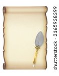 Small photo of Parchment paper scroll with feather quill pen on white background. Manuscript, diploma, document or letter composition. Old fashioned retro theme. Copy space for text.