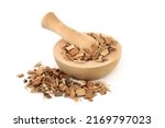 Small photo of Saw palmetto herb used in herbal plant medicine to treat impotence, low libido, prostrate problems, toothache, muscle waste and fatigue. Natural health care concept on white background.
