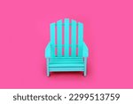 Trendy solitary slatted wooden blue chair on vivid pink background. Independent, modern contemporary stylish furniture, colour, contrast, concept. Copy space. 