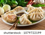 Japanese dumplings - Gyoza with pork meat and vegetables on a plate