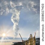 Small photo of Retro holy Jesus Christ adult age wise saint male human rise arm hold wood wand rod cane back view. Middle east jew cloth Lord law torah exodus story magic egypt cloudy smoke sun light symbol concept