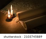 Small photo of Grunge age dirty brown pray belief Moses law believe dark night wooden desk table space. Closeup judaic sacred church library prayer culture god Jesus Christ literary past art wood still life concept