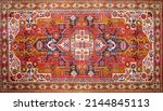 Small photo of Empty blank big fashion turkey home asia age folk wool cotton knit knot weav plaid shawl edge bright red top view. Iranian luxury royal palace travel wall kilim line boho craft symbol design art style