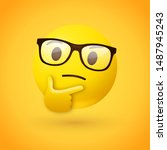 Clever or nerdy thinking face emoji - emoticon face wearing glasses shown with a single finger and thumb resting on the chin glancing upward on yellow background