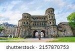  Amazing view of famous Porta  (Black gate) - ancient Roman city gate in Trier, Germany. UNESCO.