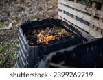 Small photo of Compost in composter in garden, putting organic materials, kitchens scraps, yard waste in composter. Concept of composting and sustainable organic gardening.
