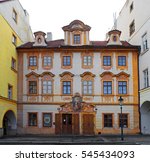 Small photo of PRAGUE, CZECH REPUBLIC - FEBRUARY 8, 2011: House sign - House At the Black Ox, Loretanska street. Baroque facade on the Renaissance house. Prague is UNESCO World Heritage Site