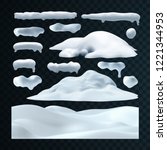 Vector set of snow caps, icicles, snowballs and snowdrift isolated on transparent background. Vector illustration. Winter decorations. Game art elements. Seasonal snowy ornament
