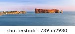 Perce Rock panoramic view from  Gaspe Peninsula at sunset  in Quebec, Canada