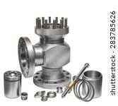 Small photo of Raw industrial valve and parts/Stainless steel valve with parts dismounted/Stainless steel gas valve, industrial