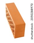Small photo of Perforated red brick isolated on white background in rowlock stretcher perspective