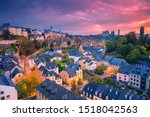 Luxembourg City, Luxembourg. Aerial cityscape image of old town Luxembourg City skyline during beautiful sunrise.