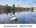 Prague. Image of Charles Bridge in Prague with couple of swans  in the foreground.