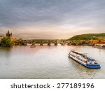 Panoramic view of Charles Bridge and Tower over the Vltava river in Praque,Czech Republic
