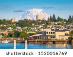 Tacoma, Washington, USA with Mt. Rainier in the distance on Commencement Bay.