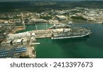 Small photo of MONFALCONE, ITALY - MAY 26, 2023. Aerial view of Princess Cruises Sun Princess modern cruise ship under construction in Fincantieri shipyard