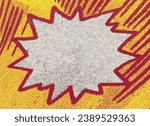 Closeup of real vintage comic book page with empty white speech bubble on a background texture of yellow red printing dots