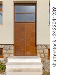 Small photo of Double Wooden Door With Big Transom Window Home Entrance White Marble Stairs
